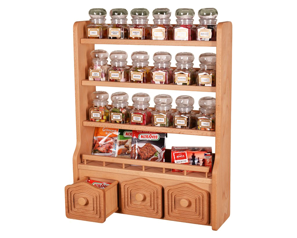 Polička na kořenky 785 - polička s osmnácti skleněnými kořenkami a třemi šuplíky